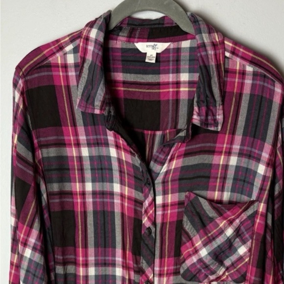 Terra & Sky Shirt Plus Size 1X 16W 18W Top Long Sleeves Plaid Gray Dark Pink - Picture 3 of 6